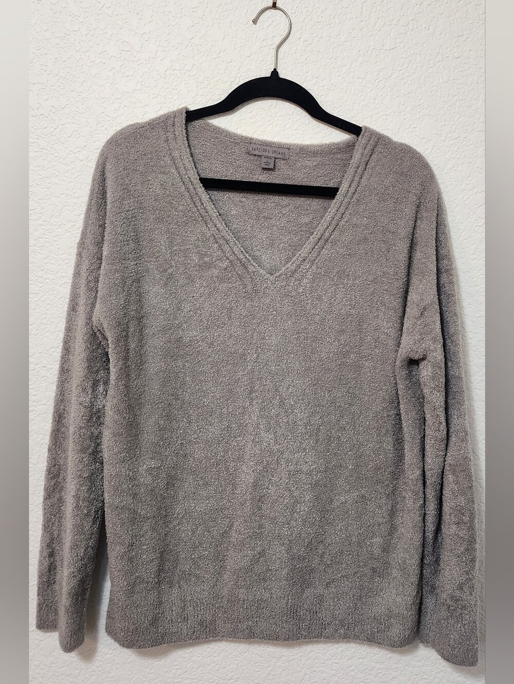 BAREFOOT DREAMS Petite Large CozyChic Lite V-Neck Pullover Sweater Taupe Gray